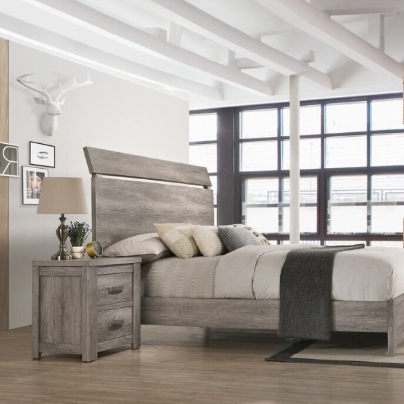 Contemporary Style Weathered Gray Wood 4-Piece Bedroom Set with Panel Bed, Dresser, Mirror, and Nightstand