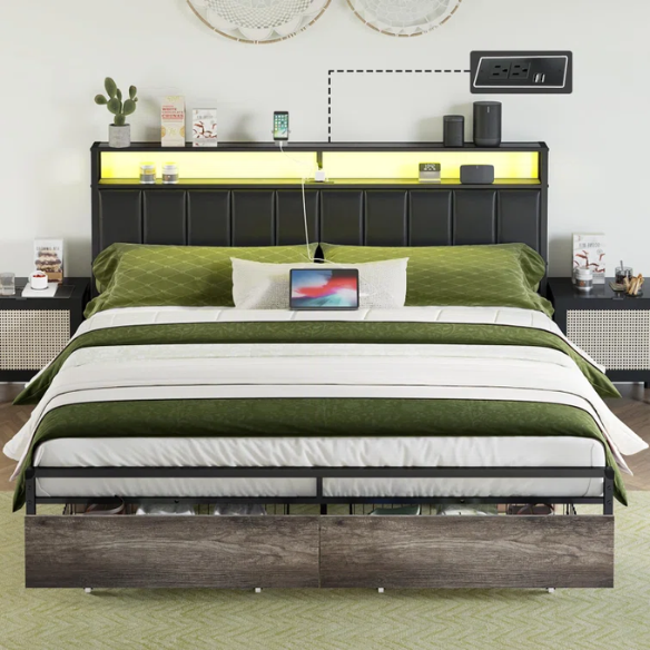Modern LED King Size Bed Frame with Storage Drawers and Built-in Charging Station