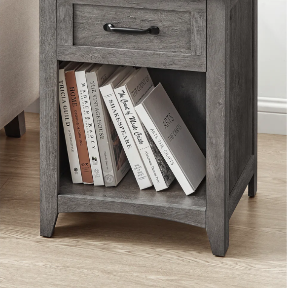 Farmhouse-Style Nightstand with Built-In Charging Station – Engineered Wood, Spacious Top, Drawer & Open Compartment, Matte Black Metal Handle, USB-A & USB-C Ports, AC Outlets, Ideal for Bedroom or Living Room