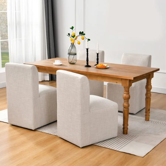 Neutral Beige Linen Upholstered Rolling Dining Chair with Casters – Comfortable Accent Seating