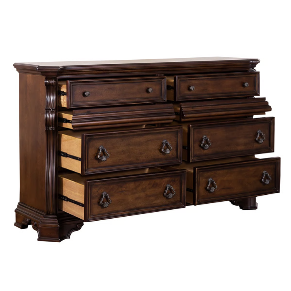Classic Elegance with a Touch of Tradition – 5-Piece King Bedroom Set Featuring Sleigh Bed with Rope Twist Cap Rails, Dresser, Mirror, Chest, and Nightstand with Hidden Storage and Custom Drop Ring Hardware