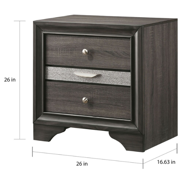 Modern Style 2-Piece Grey Storage Platform Bedroom Set with Panel Bed, Nightstand, and Sleek Silver Accents