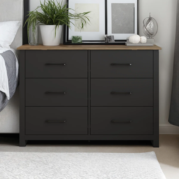 Modern 6-Drawer Double Dresser with Flared Feet and Sleek Black Metal Handles
