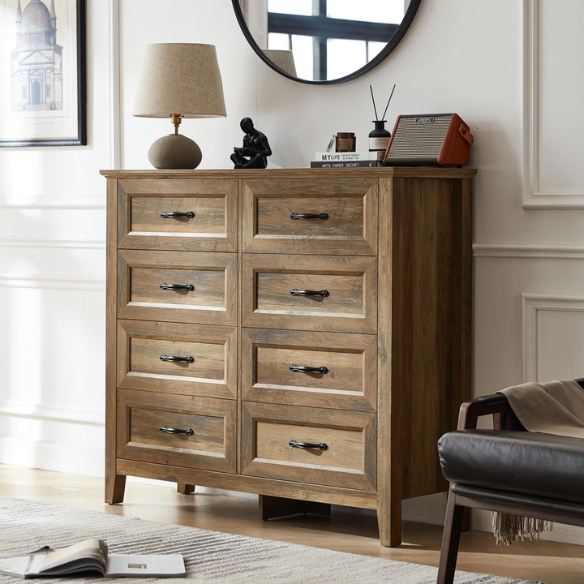 French Country-Inspired 8-Drawer 47.3" Double Dresser with Rustic Finish, Crown Molding, and Tapered Legs
