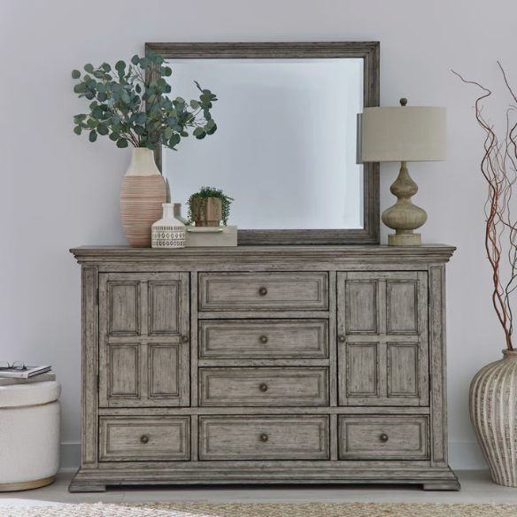 4-Piece Panel Bed, Dresser, Mirror & Nightstand Set with Antique Pewter Accents and Charging Station – Distressed Whitestone Finish, Rubberwood Solids, and Architectural Det