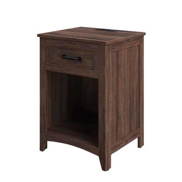 Farmhouse-Style Nightstand with Built-In Charging Station – Engineered Wood, Spacious Top, Drawer & Open Compartment, Matte Black Metal Handle, USB-A & USB-C Ports, AC Outlets, Ideal for Bedroom or Living Room