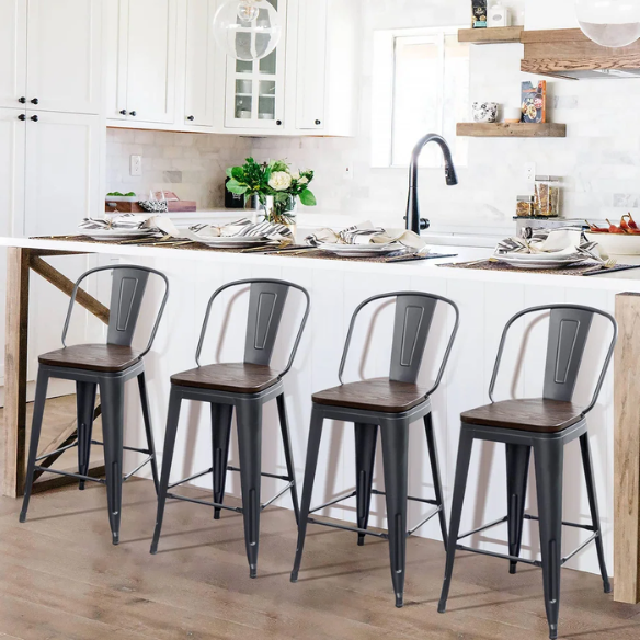 Set of 4 Farmhouse Counter Height Bar Stools – Rustic Industrial Style with Removable Backrest, Heavy-Duty Steel Frame, and Scratch-Resistant Finish
