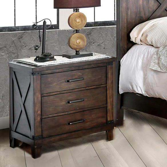 Rustic Dark Walnut 2-Piece King Size Panel Bed and Nightstand Set with X-Shape Accents and Metal Corners