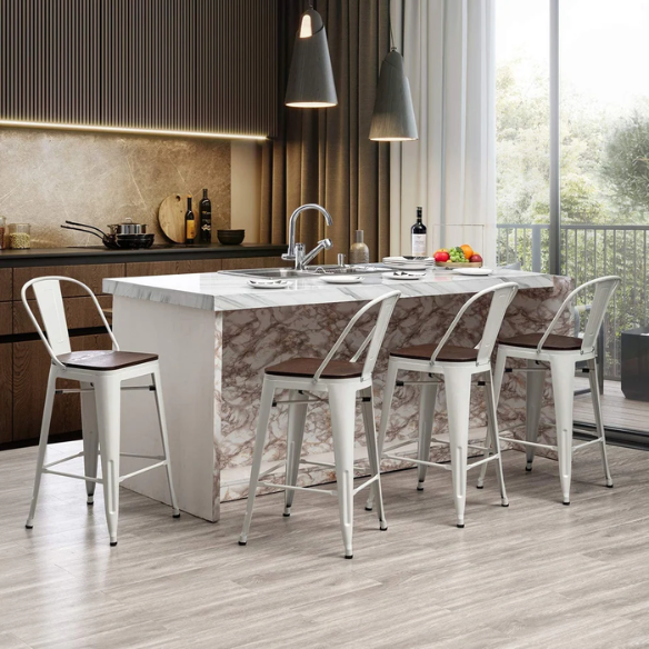 Set of 4 Farmhouse Counter Height Bar Stools – Rustic Industrial Style with Removable Backrest, Heavy-Duty Steel Frame, and Scratch-Resistant Finish