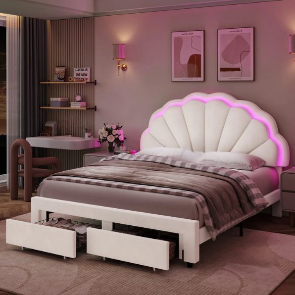 Floral-Inspired Queen Size Upholstered LED Bed Frame with Luxury Velvet, Drawer, and Adjustable Headboard