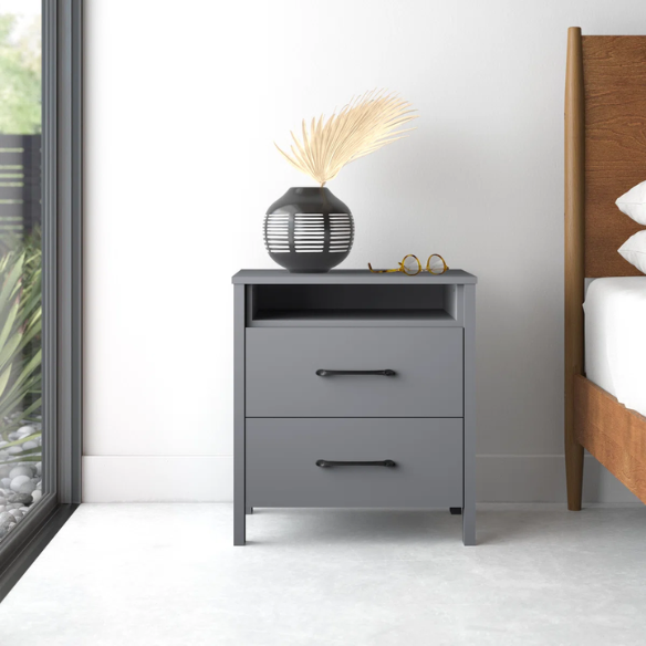 22.7" 2-Drawer Nightstand – Space-Saving Modern Minimalism, Engineered Wood with Clean-Lined Silhouette, Neutral Finish, Open Cubby & 2 Spacious Drawers for Bedroom Storage, Ideal for Tech & Accessories