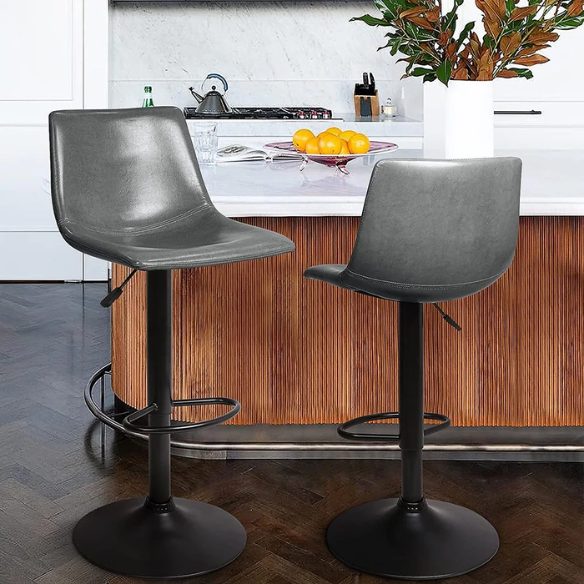 Set of 2 Adjustable Height Swivel Bar Stools with Back – Mid-Century Modern Design, Polished Chrome Base, Ergonomic Imitation Leather Seat, 360° Rotation for Kitchen Island or Bar