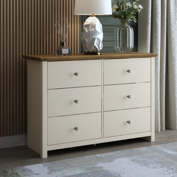 Modern 6-Drawer Double Dresser with Angled Sled Legs and Round Metal Hardware