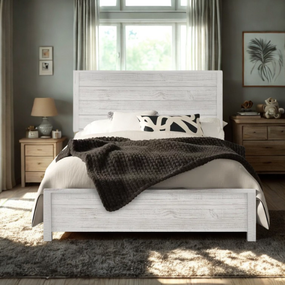 Rustic Solid Pine Wood King Size Panel Bed with Distressed Finish and Streamlined Headboard