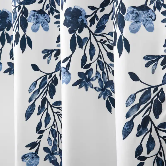 Navy Blue and Grey Floral Vine Shower Curtain – Shabby Chic Farmhouse Style, 72" x 72"