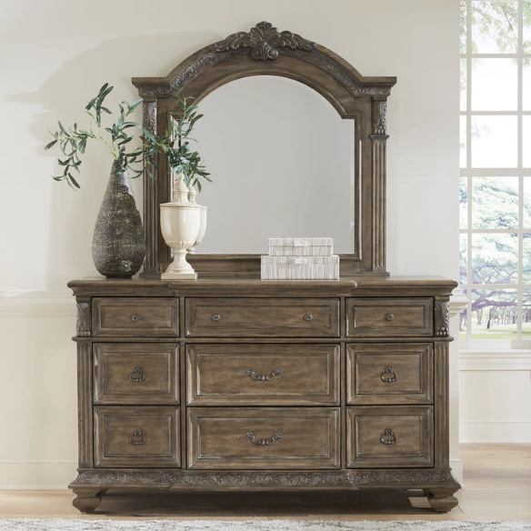 Brown & Beige King Poster Bedroom Set with Dresser, Mirror, Chest & Nightstand – Rustic Hickory Veneers, Sand Linen Upholstery, Antique Brass Accents