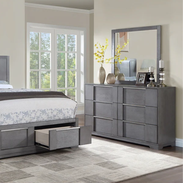 Modern 5-Piece Grey Wood Storage Platform Bedroom Set with LED Headboard Lights and Dovetail Drawers