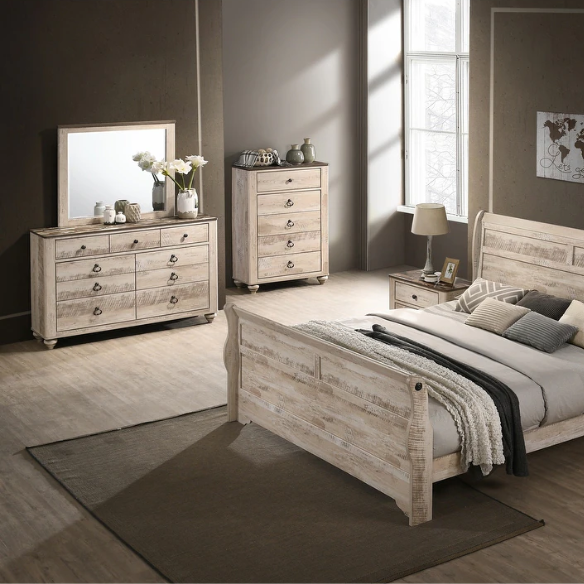 Charming 6-Piece White Wash Finish Bedroom Set with Sleigh Bed, Dresser, Mirror, Nightstands, and Chest – Antique Bronze Accents and Rustic Elegance