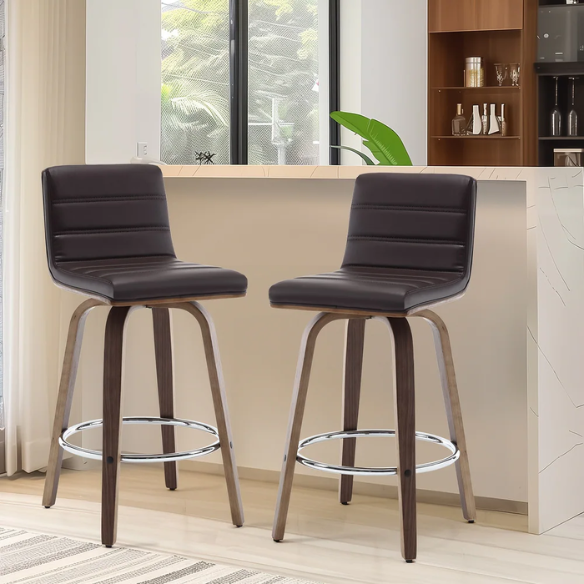 Mid-Century Modern Faux Leather Swivel Counter/Bar Stools – 360° Swivel, Padded PU Leather Seat & Back, Durable Bentwood Legs, Metal Footrest, Supports Up to 440lbs for Home Bar or Kitchen