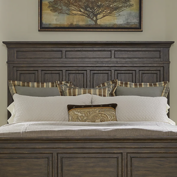 Rustic Elegance 3-Piece King Panel Bed, Dresser & Mirror Set in Saddle Brown – Crafted with Rubberwood and Split Heart White Oak Veneers, Soft-Close Drawers, Cedar Lining, Antique Pewter Hardware, and Crown Molding Details