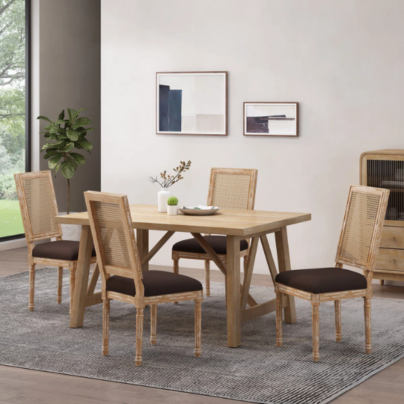 French Country Wood and Cane Upholstered Dining Chairs – Weathered Rubberwood Frame with Fluted Legs & Rectangular Cane Backrest