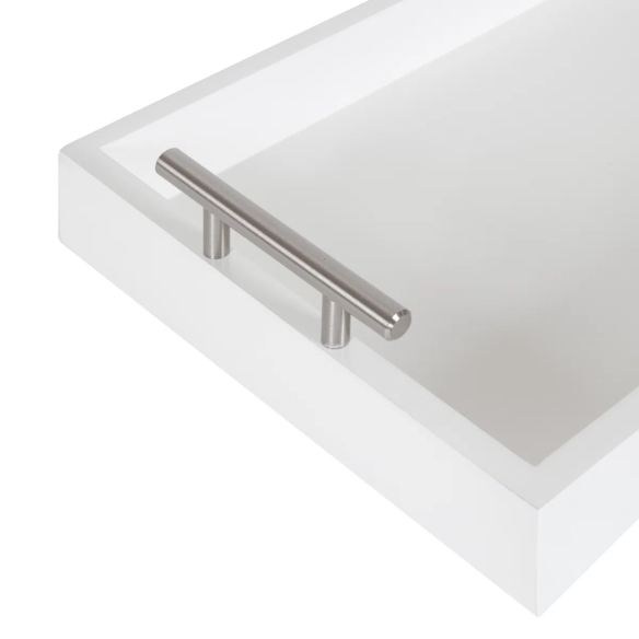 Sleek and Sophisticated Long Rectangular Serving Tray – High Gloss Wood with Polished Metal Handles, Perfect for Entryway, Vanity, or Coffee Table