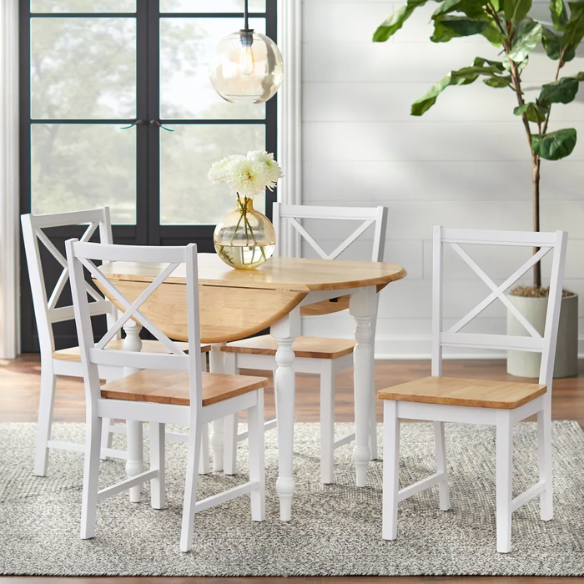 5-Piece Dining Set – Two-Tone Round Table with Drop Leaves & Cross-Back Chairs