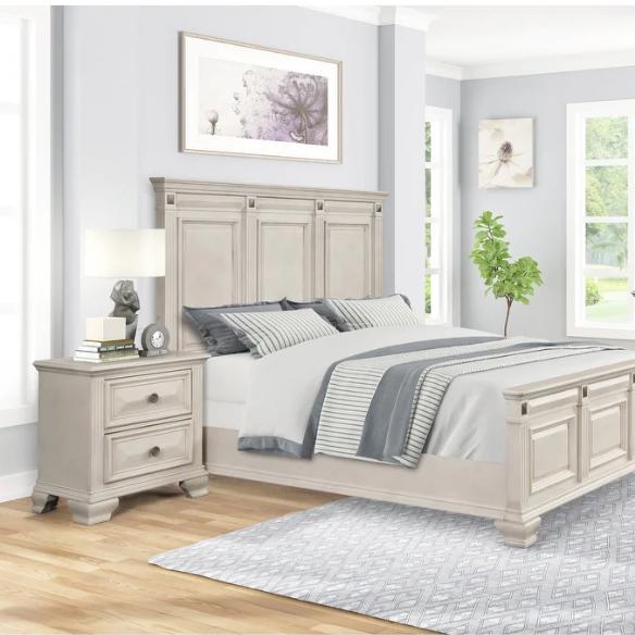 Distressed Parchment Wood Queen Bedroom Set – Elegant Silver Accents, Fluted Pilasters, and Beveled Drawer Fronts for Timeless Charm