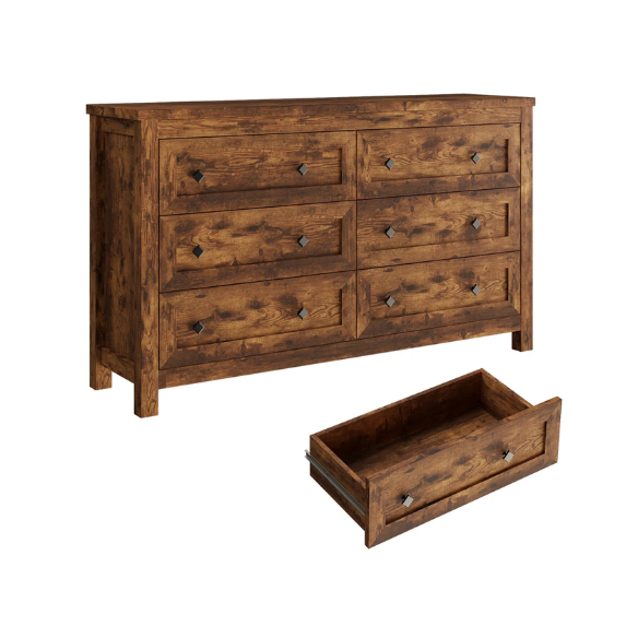 6-Drawer Dresser – A Perfect Blend of Rustic Charm and Industrial Elegance, Featuring a Clean-Lined Silhouette and Weathered Finish. Crafted from Solid and Engineered Wood