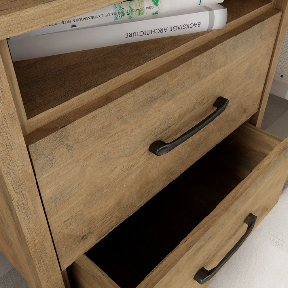 22.7" 2-Drawer Nightstand – Space-Saving Modern Minimalism, Engineered Wood with Clean-Lined Silhouette, Neutral Finish, Open Cubby & 2 Spacious Drawers for Bedroom Storage, Ideal for Tech & Accessories