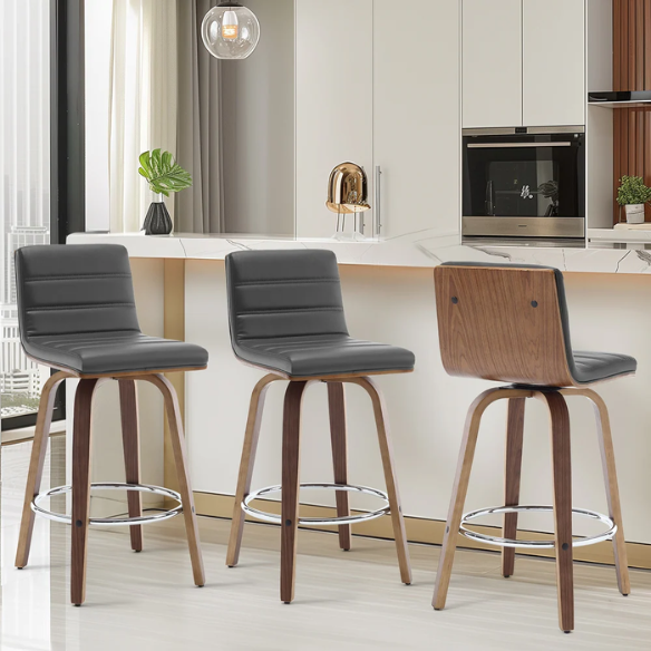 Mid-Century Modern Faux Leather Swivel Counter/Bar Stools – 360° Swivel, Padded PU Leather Seat & Back, Durable Bentwood Legs, Metal Footrest, Supports Up to 440lbs for Home Bar or Kitchen