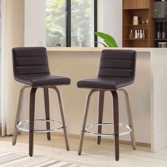 Mid-Century Modern Faux Leather Swivel Counter/Bar Stools – 360° Swivel, Padded PU Leather Seat & Back, Durable Bentwood Legs, Metal Footrest, Supports Up to 440lbs for Home Bar or Kitchen