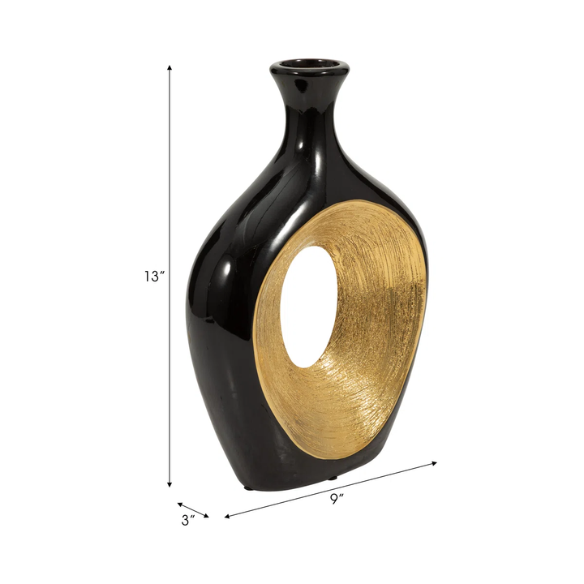 Abstract Sculptural Ceramic Vase with Unique Oval Cut-Out Design – 13" Modern Beaded Accent Vase for Tabletop or Shelf Décor, Ideal for Faux Florals and Statement Styling