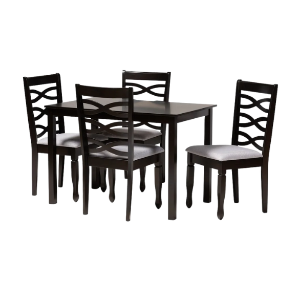 Contemporary 5-Piece Fabric & Wood Dining Set – Dark Walnut Table with Beige & Gray Upholstered Chairs