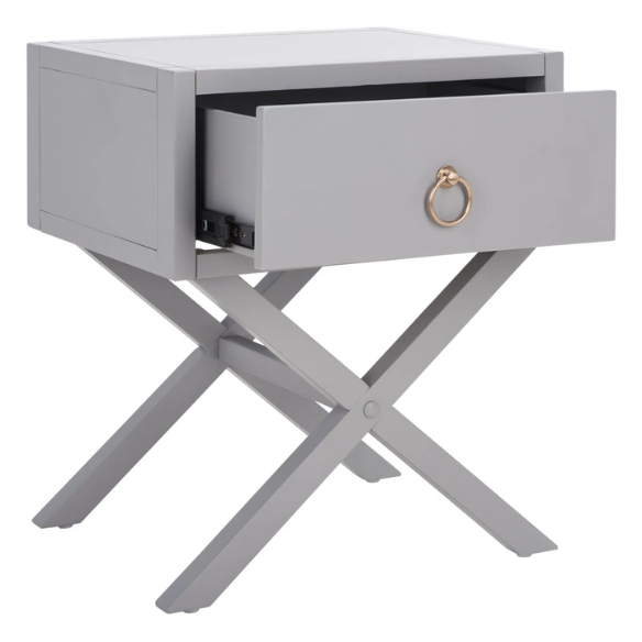 1-Drawer Nightstand – Classic Campaign Style with Contemporary Chic, Acacia Wood Frame, Cross-Base Design, Bold Finish, Gold Drawer Pull, Perfect for Modern Bedrooms