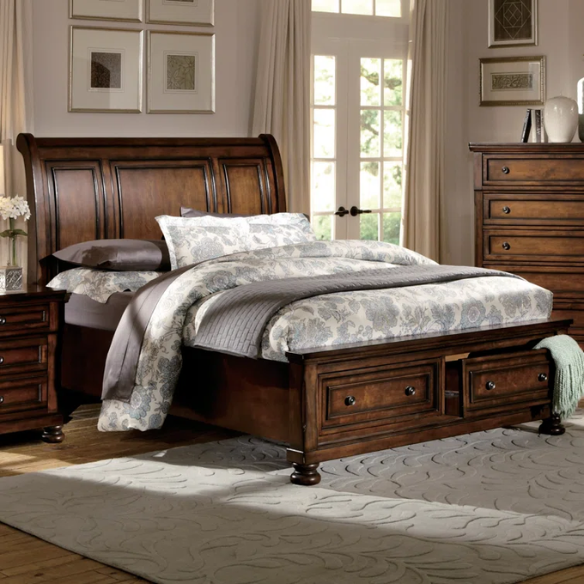 Timeless 5-Piece Platform Bedroom Set with Hidden Storage, Rich Medium Brown Finish, Birch Veneer, and Hardwood Accents - Featuring Bun Feet, Clever Drawer Storage, and Classic Transitional Design
