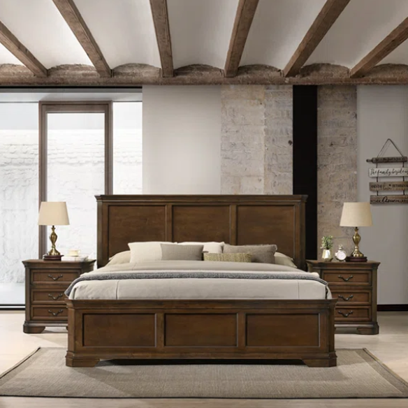 Transitional 6-Piece Bedroom Set with Panel Bed, Dresser, Mirror, Chest, and Nightstands – Featuring Trio Panel Headboard and Footboard, Dust-Proof Drawers, Dual-Tone Finish, and Dark Nickel Hardware for a Stylish and Functional Bedroom