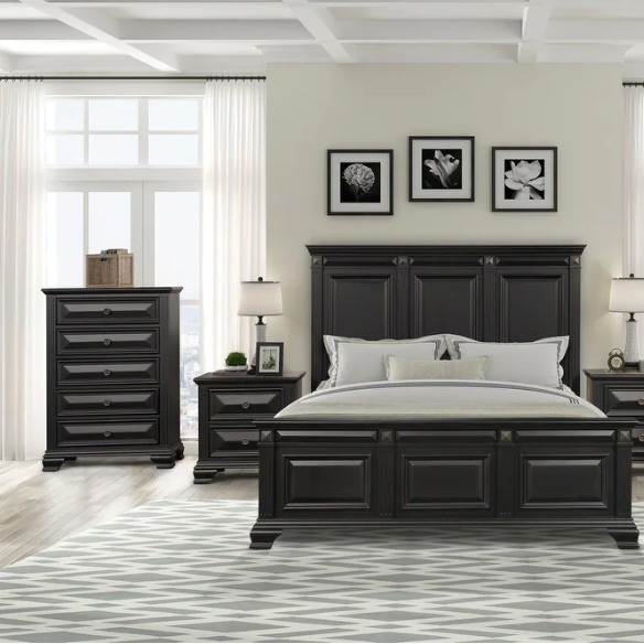 Timeless Vintage Black Wood 6-Piece Traditional Bedroom Set with Double-Panel Bed, Silvertone Accents, and Fluted Pilasters