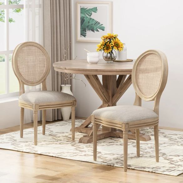 Beige Upholstered Dining Chairs with Natural Wood Frame and Wicker Backrest (Set of 2)