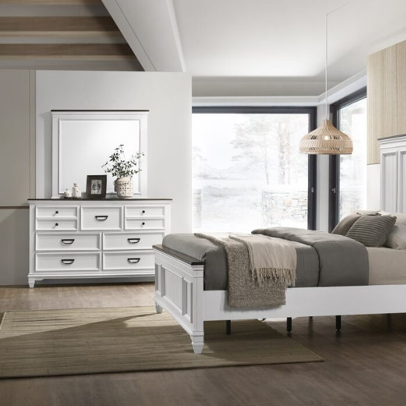 Modern Farmhouse 5-Piece Wood Bedroom Set with Shiplap Detailing, Weathered White Finish, and Black Finished Hardware