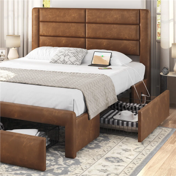 King Size Vegan Leather Metal Platform Storage Bed with 3 Drawers, Tufted Headboard, and Built-In USB Ports – Modern Design for Ultimate Comfort and Convenience