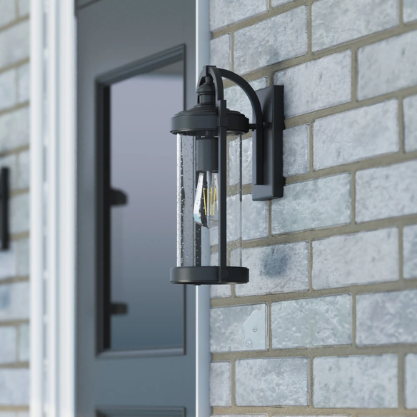 Outdoor Wall Sconce – Light Matte Black Farmhouse Lantern with Seeded Glass for Front Porch or Patio