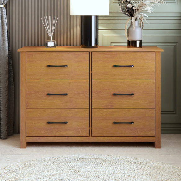 Modern 6-Drawer Double Dresser with Flared Feet and Sleek Black Metal Handles