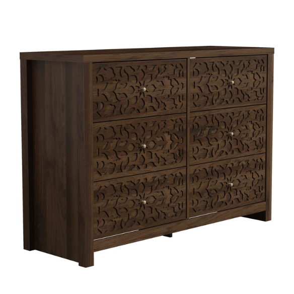 Boho-Inspired 45.4" 6-Drawer Dresser with Distressed Finish and Openwork Floral Details