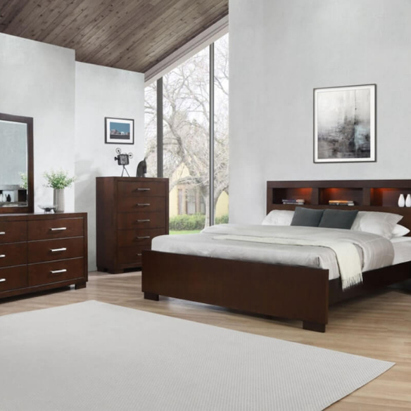 5-Piece Queen Bedroom Set with Bookcase Headboard & Storage – Warm Cappuccino Finish