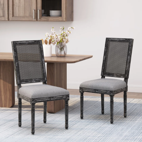 French Country Wood and Cane Upholstered Dining Chairs – Weathered Rubberwood Frame with Fluted Legs & Rectangular Cane Backrest