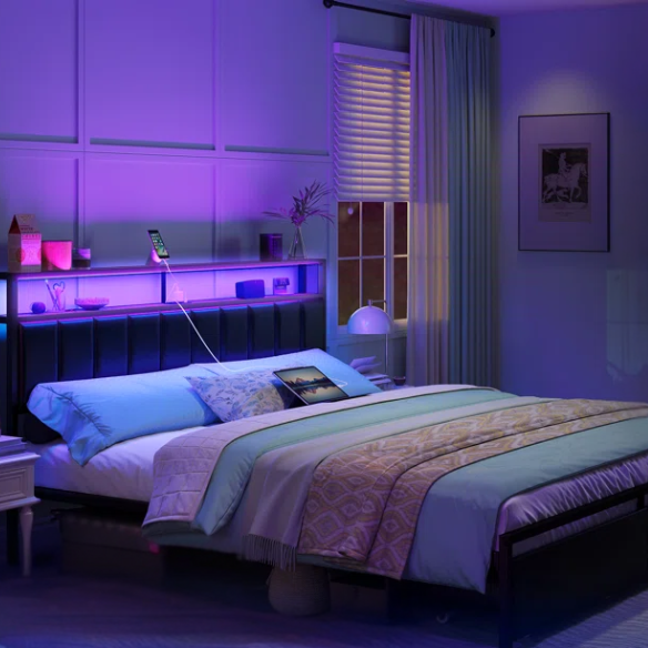 Modern LED King Size Bed Frame with Storage Drawers and Built-in Charging Station