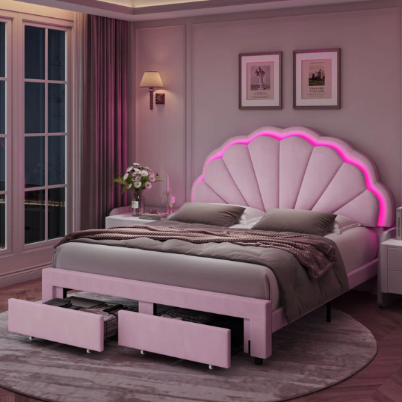 Floral-Inspired Queen Size Upholstered LED Bed Frame with Luxury Velvet, Drawer, and Adjustable Headboard