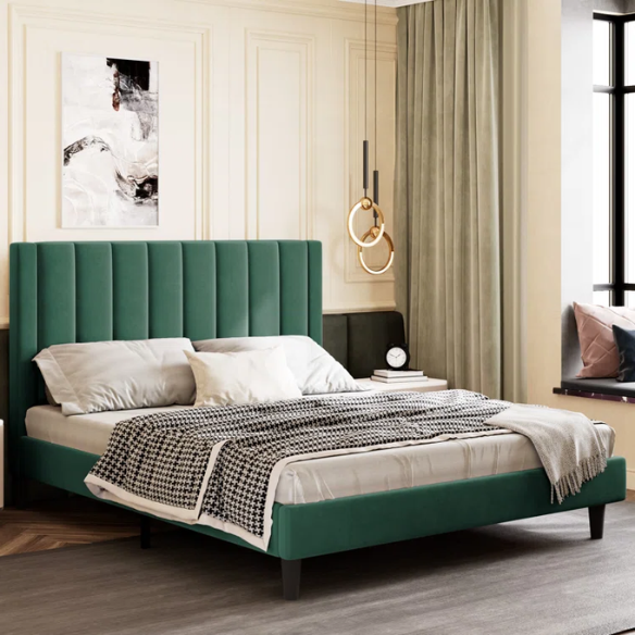 King Size Upholstered Platform Bed with Velvet Headboard, Foam Padding, and Noise-Free Construction for Ultimate Comfort