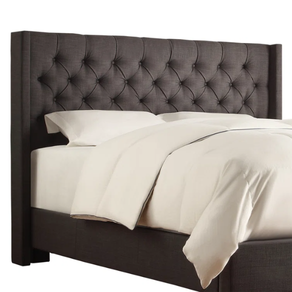 King Size Upholstered Wingback Bed with Linen Fabric, Tapered Legs, and Button Tufted Headboard